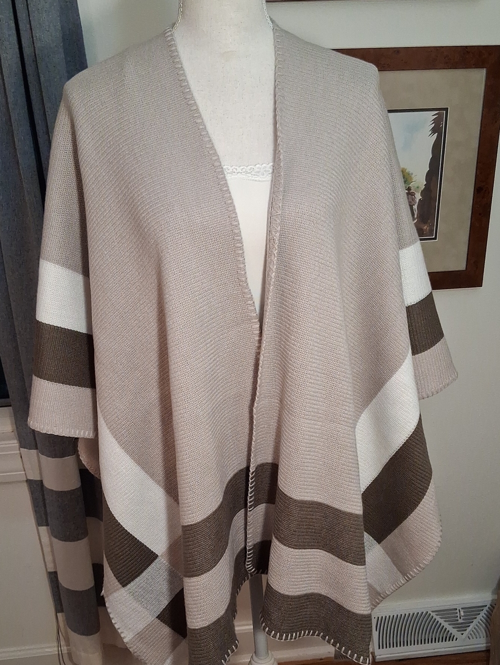 Chico's Taupe, White & Dark Taupe Striped Poncho